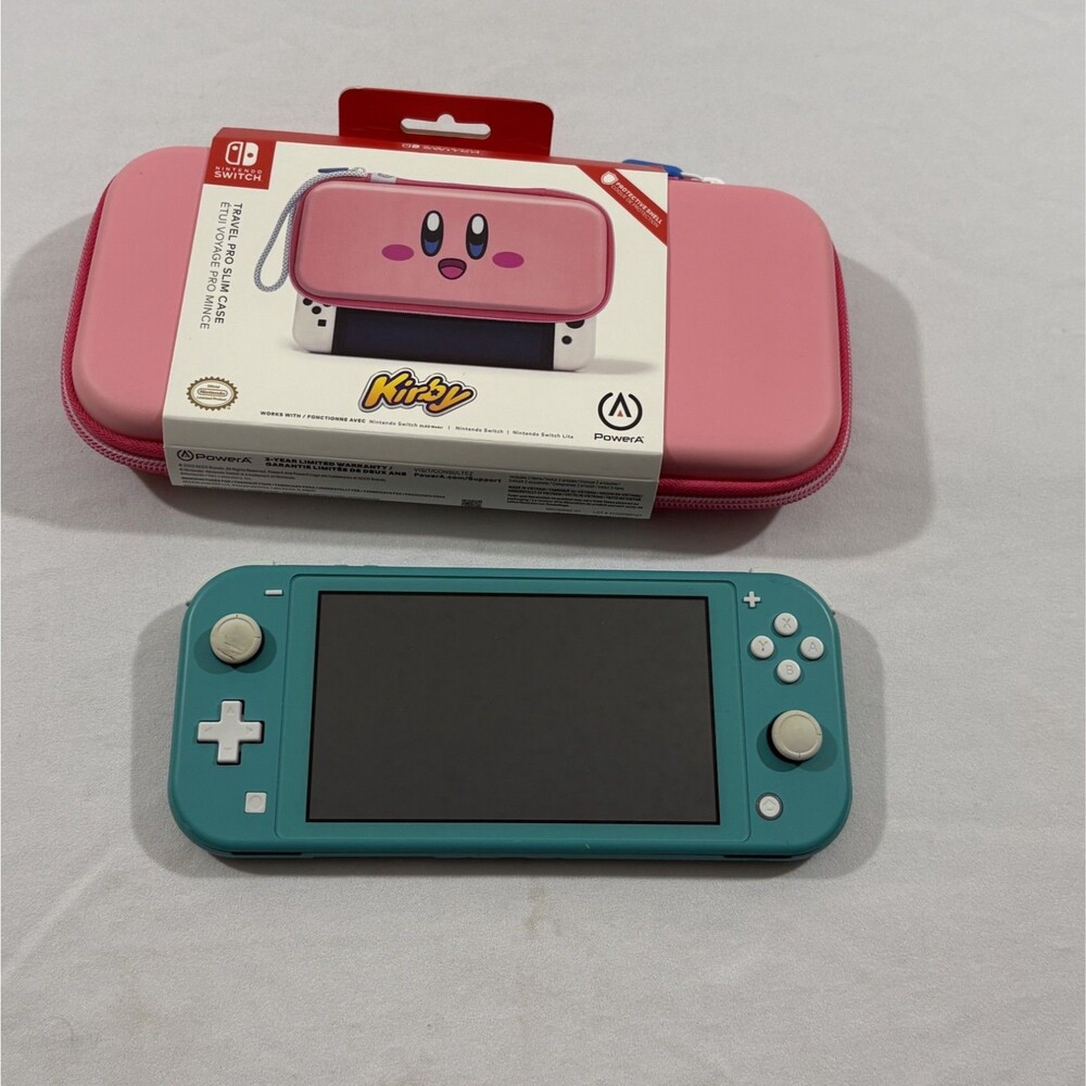 Nintendo Switch Lite Turquoise Handheld System Console w New Kirby Case Tested